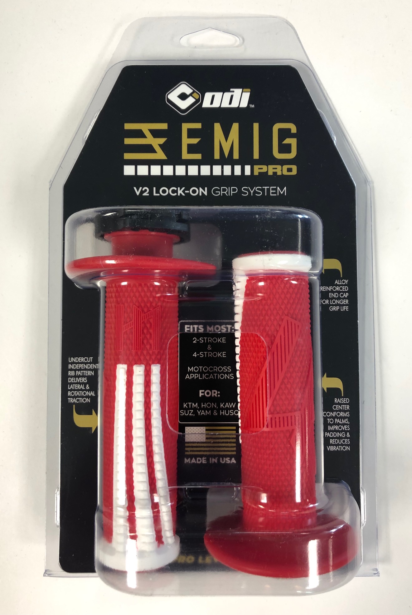 ODI Emig 2.0 Lock-On Grips - Red/White V2 Motorcycle Handlebar Grips