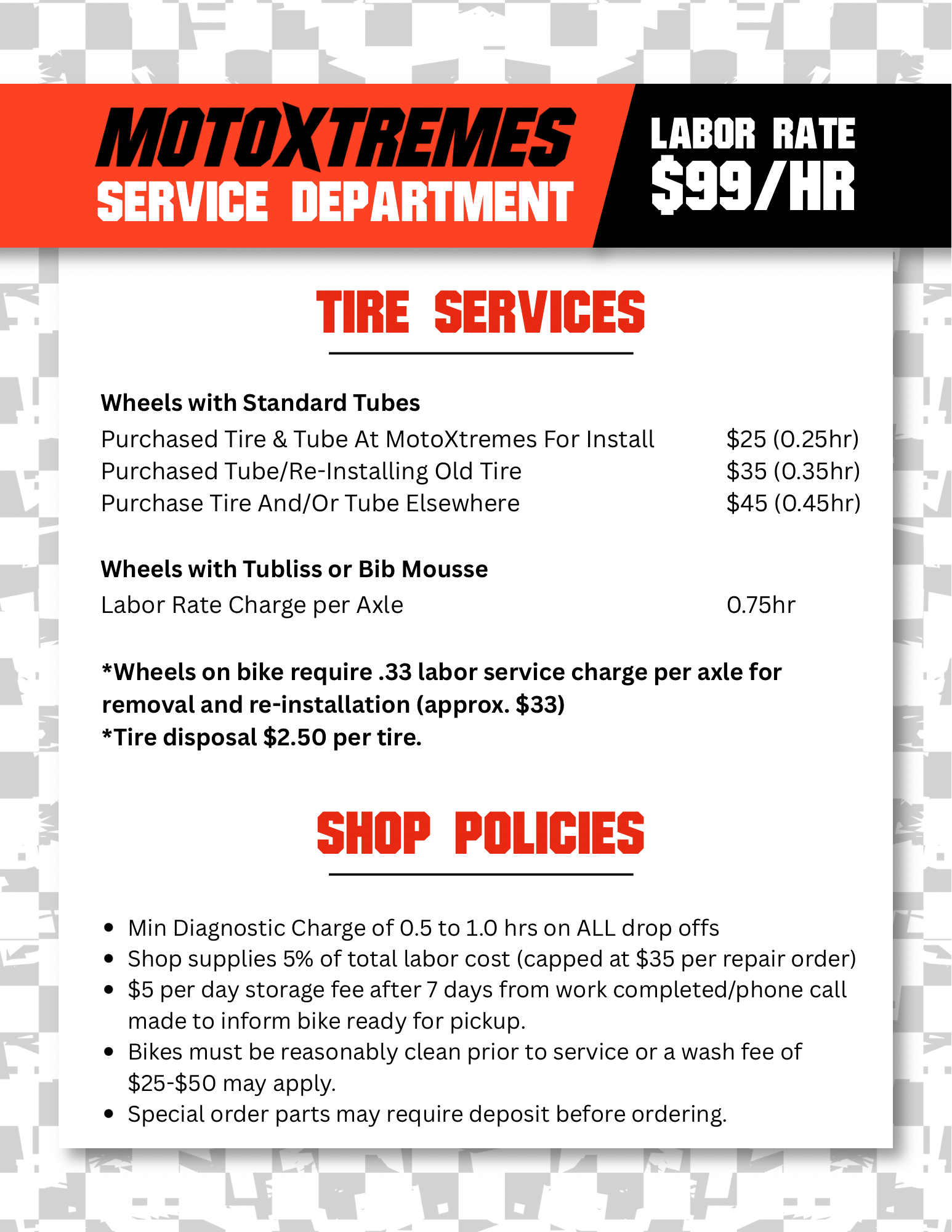 MotoXtremes Service Department Pricing Graphic